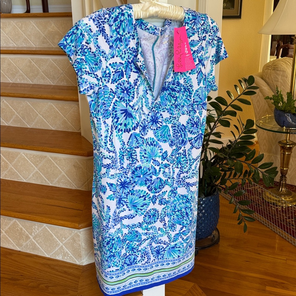 Lilly Pulitzer UPF 50+ Sophiletta Dress, Turquoise Oasis Shell Me You Love Me, L - Picture 7 of 14